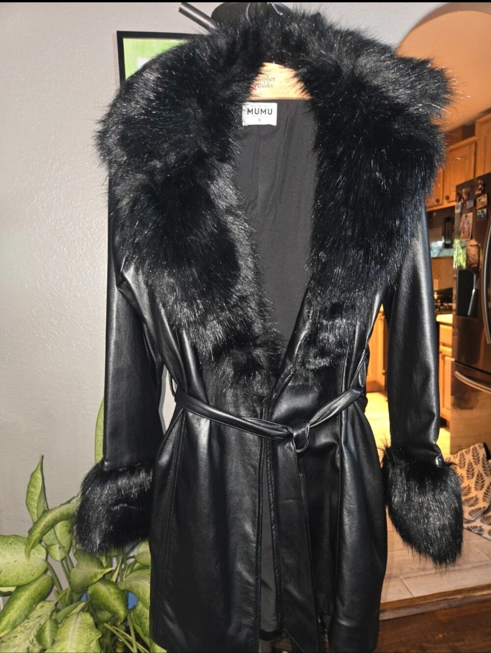 Show Me Your MuMu Black Faux Leather Trench with Faux Fur Trim